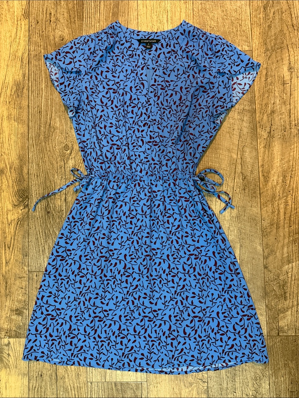 41 Hawthorn Blue Flutter-Sleeve Floral Drawstring Mini Dress